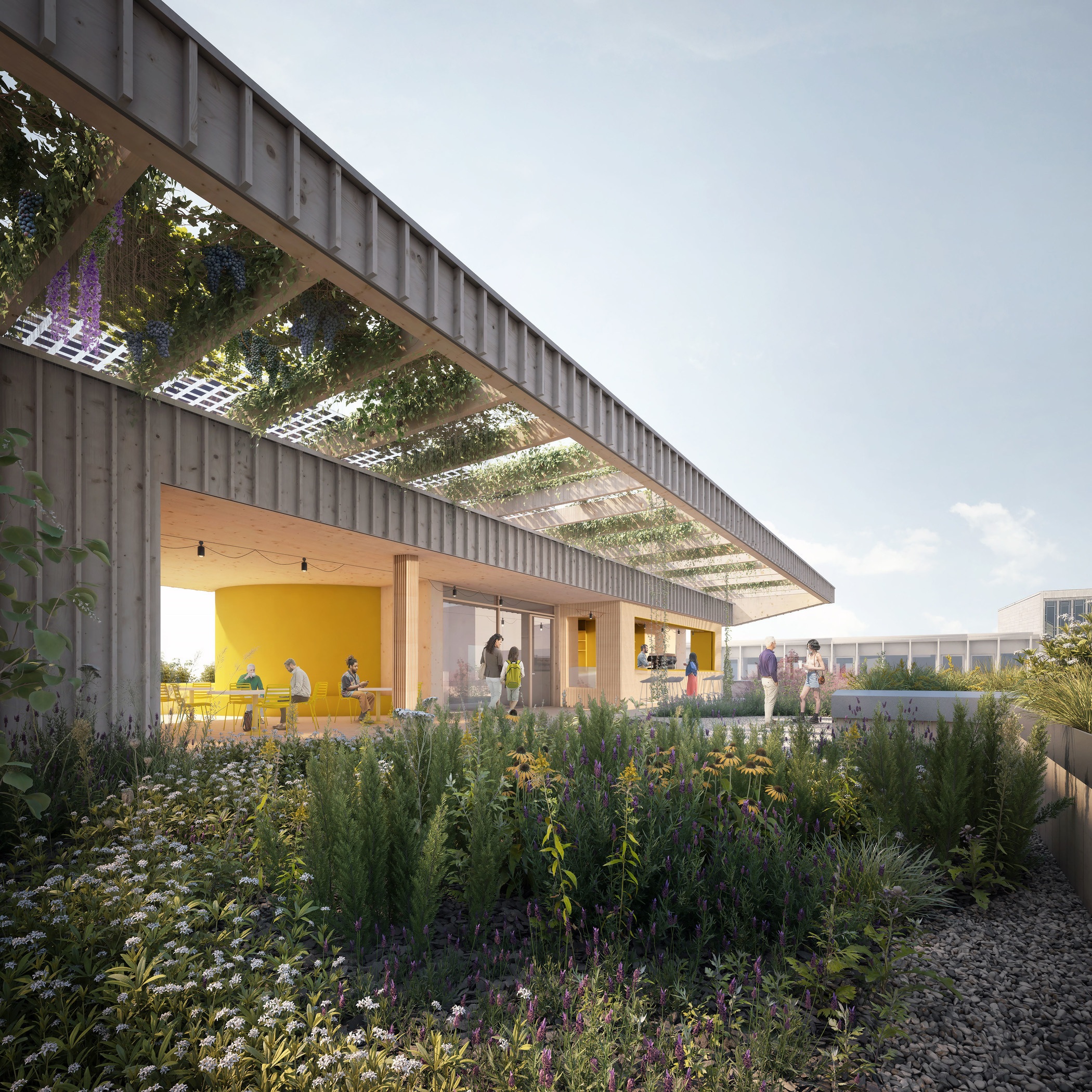 Visualisierung der Dachterrasse des HdT bei Tag. Blumenbeete und Begrünung der Pagode, die über die gesamte Breite der Terrasse geht. Personen sitzen an Tischen, eine Person bestellt etwas an der Bar.