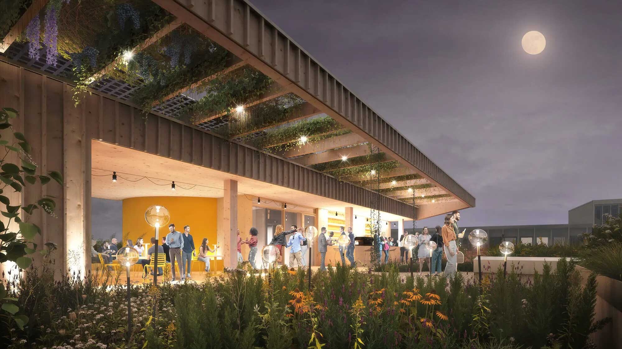 Visualisierung der Dachterrasse des HdT bei Mondschein. Blumenbeete und Begrünung der Pagode, die über die gesamte Breite der Terrasse geht, indirektes Licht. Personen sitzen an Tischen, tanzen oder bestellen etwas an der Bar.